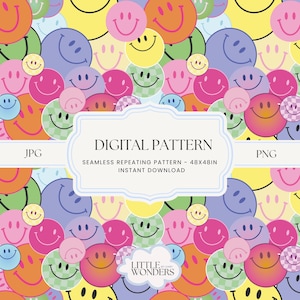 Puede incluir: Un patrón digital con una repetición sin costuras de caras sonrientes de colores en varios tamaños y tonos. El patrón mide 48 pulgadas por 48 pulgadas y está disponible para descarga instantánea. El texto "DIGITAL PATTERN" y "SEAMLESS REPEATING PATTERN - 48X48IN INSTANT DOWNLOAD" se muestra en una pancarta blanca. El texto "LITTLE WONDERS BY CARY" se muestra en una nube blanca.