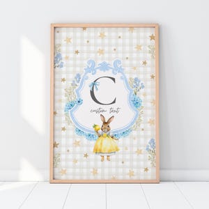 Watercolor Bunny Nursery Print: Blue Floral Monogram Crest (Digital Download)