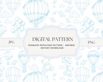 Blue Chinoiserie Toile de Jouy, Seamless Nursery Pattern, kids Pattern, Blue toile Hot Air Balloon, baby Blue toile teddy bear, Hand Drawn
