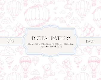 Pink Chinoiserie Toile de Jouy, Seamless Nursery Pattern, kids Pattern, Digital Download, pink toile Hot Air Balloon, Pink toilet teddy bear