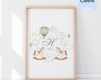 Impression de chambre de bébé monogramme aquarelle : nom de bébé personnalisé, cheval à bascule (CANVA)