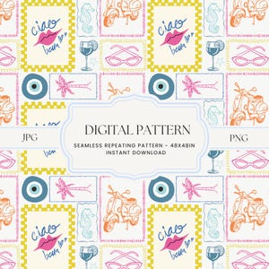 May include: A digital pattern with repeating illustrations of a scooter, sunglasses, a wine glass, a seahorse, a palm tree, and a blue eye. The pattern includes the text "ciao bella" and "DIGITAL PATTERN". The design is in pink, orange, yellow, and blue.
