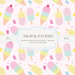 Op de afbeelding: Een digitaal patroon met een herhalend ontwerp van ijsjes, ijslolly's en gummyberen op een lichtroze achtergrond. De ijsjes hebben drie bollen en een kers. De ijslolly's zijn geel en blauw met hagelslag. De tekst "DIGITAL PATTERN" staat in het midden.