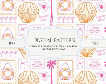 Tropical Summer Seamless Pattern: Girly Beach Vibes Digital Paper (PNG, JPG, PDF)