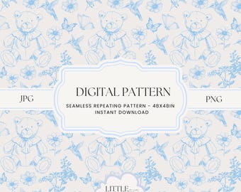 Blauw naadloos toile de jouy-patroon: teddybeer en bloemen (digitaal papier)
