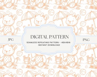 Peach Beach Teddy Bear, Toile de Jouy Nursery Pattern, Beach Teddy Bear Pattern, Baby Girl Digital Paper, Hand Drawn Summer Seamless