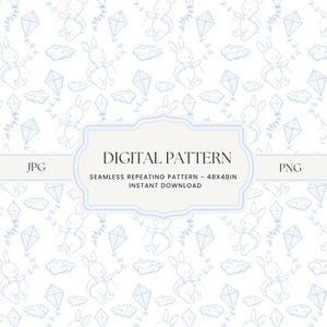 May include: A digital pattern with a repeating design of light blue bunnies flying kites on a white background. The bunnies wear overalls. The image also includes kites and clouds. The text "DIGITAL PATTERN" is displayed in the centre.