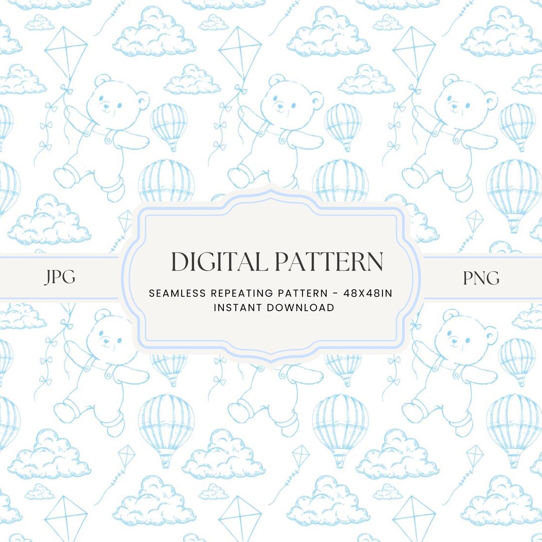 Blue Kite Pattern Blue Toile Bear Kite Seamless Pattern: Nursery Digital Paper (PNG, JPG ...