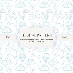 May include: A repeating digital pattern with light blue illustrations on a white backdrop. The design includes teddy bears with kites, hot air balloons, clouds, and kites. The text "DIGITAL PATTERN" is displayed within a decorative frame.