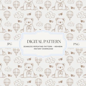 Vintage Teddy Bear Pattern, Hand Drawn teddy Bear, Baby Nursery Pattern, Airplane and Balloon Seamless Design, Baby Shower Pattern