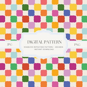 May include: A digital pattern featuring a repeating square design in a range of colours: yellow, orange, pink, green, blue, and purple. The text "DIGITAL PATTERN" is displayed in a white frame, with "JPG" and "PNG" on either side.