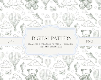 Green Toile de Jouy Seamless Pattern: Nursery Chinoiserie (JPG & PNG)