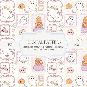 Rosa Pastell Halloween Muster, niedlicher Geist und Kürbis, Kokette gruselige Nahtstellen, Kawaii Halloween, Girly Halloween Digital Papier