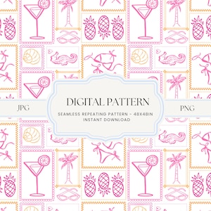 May include: A digital pattern with a repeating design of pink cocktail glasses, pineapples, palm trees, seashells, seahorses, sunglasses, and bikinis on a white background. The text "DIGITAL PATTERN" is displayed.