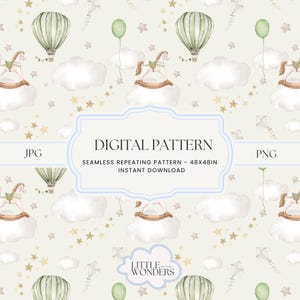 Puede incluir: Patrón digital sin costuras con un globo aerostático de color verde claro y blanco, un caballo de balancín, nubes blancas y estrellas doradas sobre un fondo beige claro. El texto "DIGITAL PATTERN" está en un rectángulo azul con el texto "SEAMLESS REPEATING PATTERN - 48X48IN INSTANT DOWNLOAD" debajo. El texto "LITTLE WONDERS BY CARY" está en un círculo con un borde azul claro.