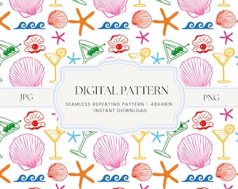Mediterranean Summer Seamless Pattern: Coastal Beach Digital Paper (PNG, JPG, PDF)