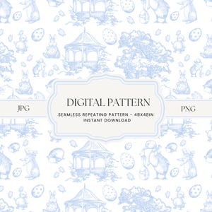 May include: A seamless digital pattern featuring a light blue and white design of bunnies, birds, eggs, and gazebos. The pattern is 48 inches by 48 inches and is available for instant download.