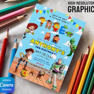 May include: A light blue birthday invitation featuring Toy Story characters. The invitation includes the text "ANTHONY'S 3RD BIRTHDAY!" and event details. Colorful pencils surround the invitation, with the text "HIGH-RESOLUTION GRAPHIC" at the top.