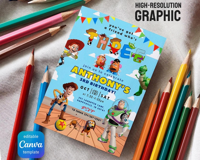 May include: A light blue birthday invitation featuring Toy Story characters. The invitation includes the text "ANTHONY'S 3RD BIRTHDAY!" and event details. Colorful pencils surround the invitation, with the text "HIGH-RESOLUTION GRAPHIC" at the top.