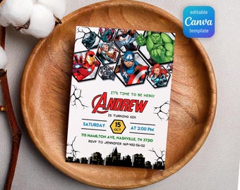 Printable Boy Birthday Invite, super hero Editable party Invitation, spiderman, hulk, captain america Invite template, avengers invitation