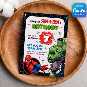 Printable Boy Birthday Invite, super hero Editable party Invitation, spiderman, hulk, captain america Invite template, avengers invitation