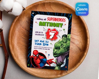 Printable Boy Birthday Invite, super hero Editable party Invitation, spiderman, hulk, captain america Invite template, avengers invitation