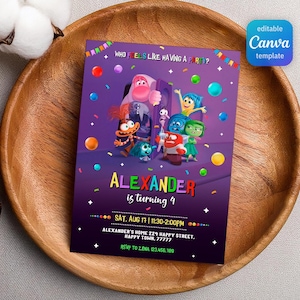 May include: A purple birthday party invitation featuring characters from the movie "Inside Out." The invitation includes the text "Who feels like having a party?" and "Alexander is turning 4." It also has event details and a Canva template logo.