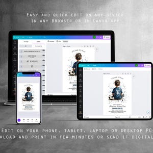 May include: A digital invitation design displayed on a laptop, tablet, and smartphone. The invitation features a watercolor illustration of a child with a soccer ball and the text "IT'S TIME TO PLAY". The text "EASY AND QUICK EDIT ON ANY DEVICE" is also visible.