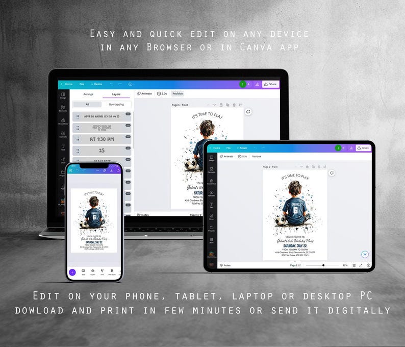 May include: A digital invitation design displayed on a laptop, tablet, and smartphone. The invitation features a watercolor illustration of a child with a soccer ball and the text "IT'S TIME TO PLAY". The text "EASY AND QUICK EDIT ON ANY DEVICE" is also visible.