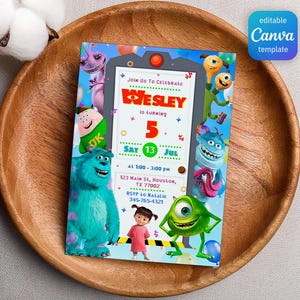 May include: A blue and green monster character with one eye, a purple monster character with three eyes, and a green monster character with three eyes are featured on a birthday party invitation for a boy named Wesley turning 5. The invitation is decorated with a blue, red, and yellow train theme. The invitation includes the date, time, and location of the party.