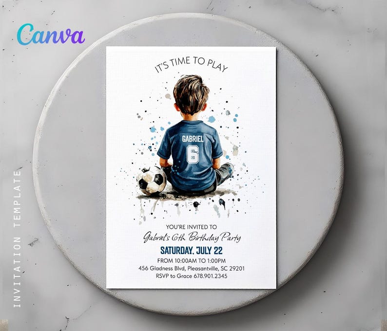 May include: Invitation template featuring a watercolor illustration of a boy in a blue soccer jersey with the name "Gabriel" and the number "6". The invitation includes the text "It's Time to Play" and details for a 6th birthday party.