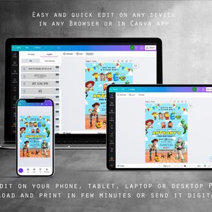May include: A digital invitation design displayed on a laptop, tablet, and smartphone. The invitation features a colorful cartoon theme with the text "ANTHONY'S 3RD BIRTHDAY". The image also includes the text "EASY AND QUICK EDIT ON ANY DEVICE" and "EDIT ON YOUR PHONE, TABLET, LAPTOP OR DESKTOP PC".