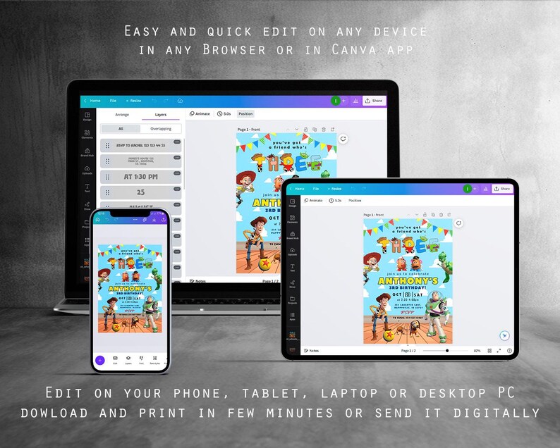 May include: A digital invitation design displayed on a laptop, tablet, and smartphone. The invitation features a colorful cartoon theme with the text "ANTHONY'S 3RD BIRTHDAY". The image also includes the text "EASY AND QUICK EDIT ON ANY DEVICE" and "EDIT ON YOUR PHONE, TABLET, LAPTOP OR DESKTOP PC".