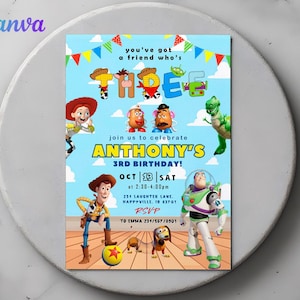 May include: A colorful invitation template featuring characters from the Toy Story movie. The invitation reads "ANTHONY'S 3RD BIRTHDAY!" with the date and time. The design includes Woody, Buzz Lightyear, and other characters.