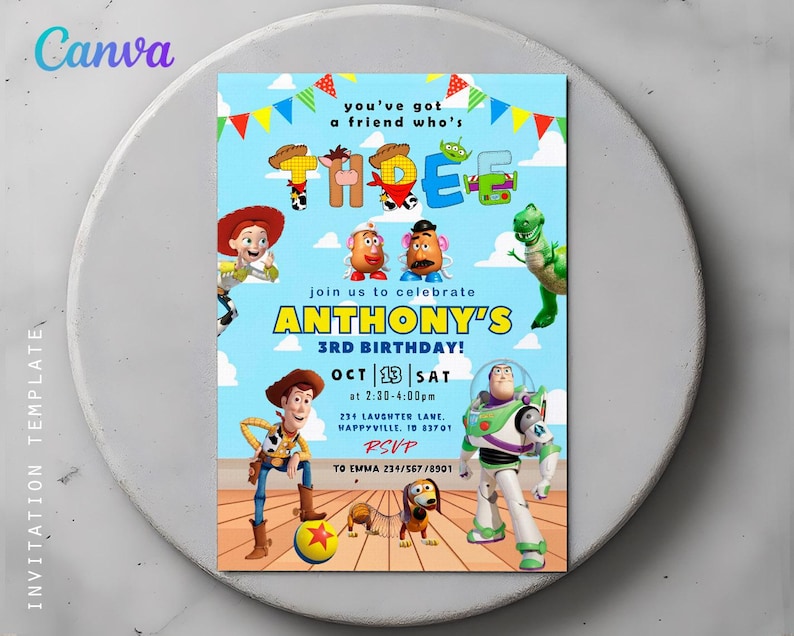 May include: A colorful invitation template featuring characters from the Toy Story movie. The invitation reads "ANTHONY'S 3RD BIRTHDAY!" with the date and time. The design includes Woody, Buzz Lightyear, and other characters.