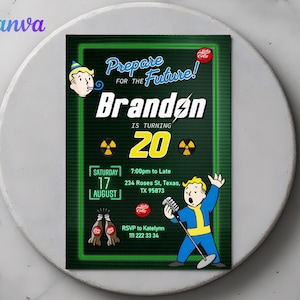 May include: A green and black invitation card with a Fallout theme. The card says "Prepare for the Future!" and "Branden is turning 20". It also includes a cartoon character from the Fallout video game series.