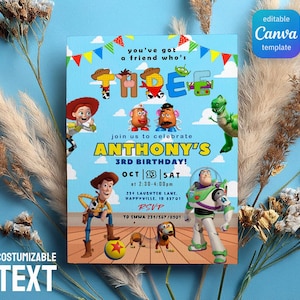 May include: A blue birthday invitation featuring characters from a popular animated film. The invitation includes the text "THREE" and "ANTHONY'S 3RD BIRTHDAY!" with the date and time. The design is customizable and available as a Canva template.