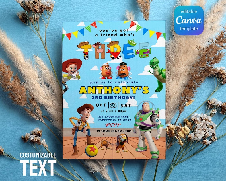 May include: A blue birthday invitation featuring characters from a popular animated film. The invitation includes the text "THREE" and "ANTHONY'S 3RD BIRTHDAY!" with the date and time. The design is customizable and available as a Canva template.