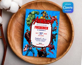 Printable Boy Birthday Invite, super hero Editable party Invitation, spiderman, hulk, captain america Invite template, avengers invitation