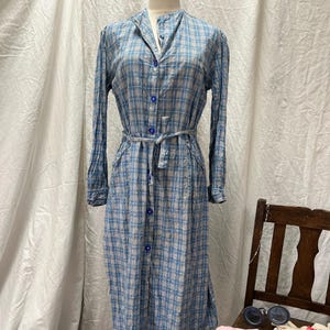 1930s Handmade Blue Plaid Cotton Dress | French Countryside Vintage | Glass Button Detail | Adjustable Waist | Size M-L | Cottagecore Dress