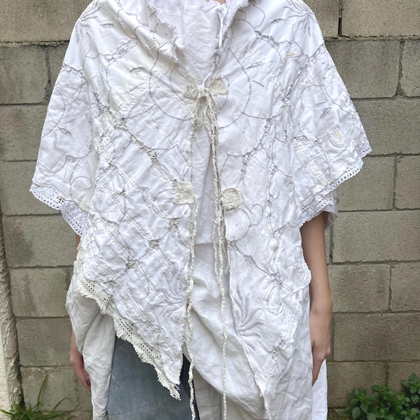 Antique German Embroidered Tablecloth Shawl | French Lace Trim, Silk Ribbon Ties