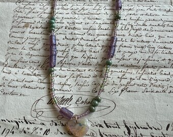 Opal Chip Charm Necklace – Handmade Lilac & Aqua Beaded Necklace Chain