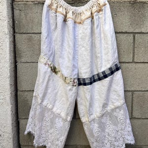Kitselli Made Vintage French Linen Patchwork Pants | 1900s Bolster Lace Wide Leg Trousers