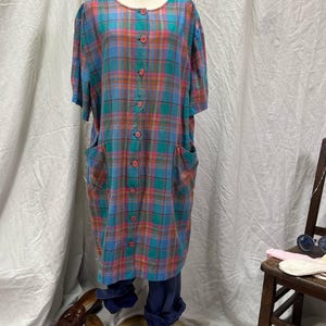 French Vintage Plaid Cotton Smock Dress with Pockets | 1930s-40s Workwear Style
