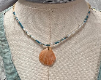 Handmade Beaded and Chain Necklace With Handcrafted Shell Pendant & Vintage Beads