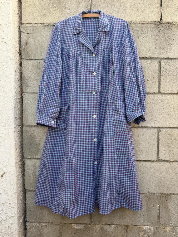 French 50's cotton plaid smock dress - image 1