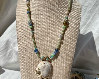 Ocean-Inspired Barnacle Shell Necklace – Handmade Glass Beads, Raw Opal, African Trade Beads, Adjustable Length
