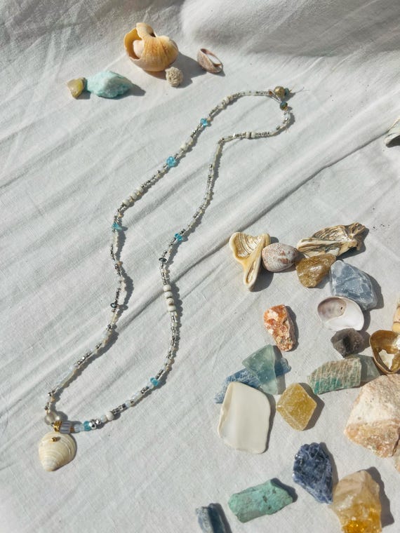 Beach Mist Hand Beaded Necklace with Montauk Shell & Vintage Beads – Ocean-Inspired jewelry