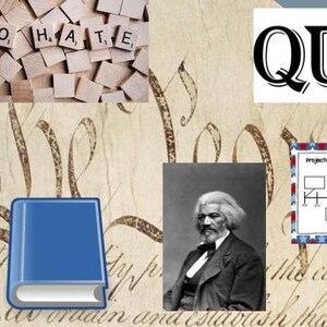 May include: A collage of images related to the history of the United States. The top left corner shows wooden letter tiles spelling out the word "HATE". The top right corner shows the word "QUOTE" in black text. The bottom left corner shows a blue book. The bottom right corner shows a diagram with the words "Projector" and "455". The center of the image shows a black and white photo of a man with a beard and a bow tie. The background of the image is a faded, cream-colored parchment with brown ink.