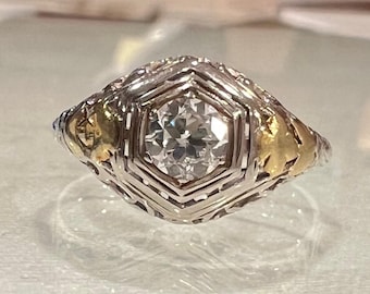 European Cut Solitaire Diamond Engagement Ring - 18/14 K Gold Two Tone - 0.42 Carat